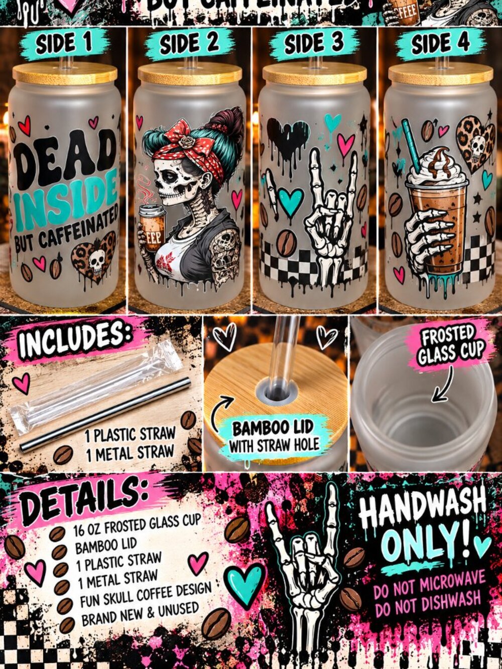 Dead Inside But Caffeinated 16oz Frosted Glass Cup Skull Coffee